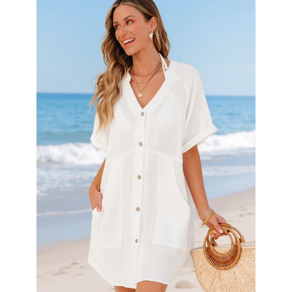 Cupshe NWT Dress Short Sleeve Button Gauze Swim Cover Up White Pockets - Size S